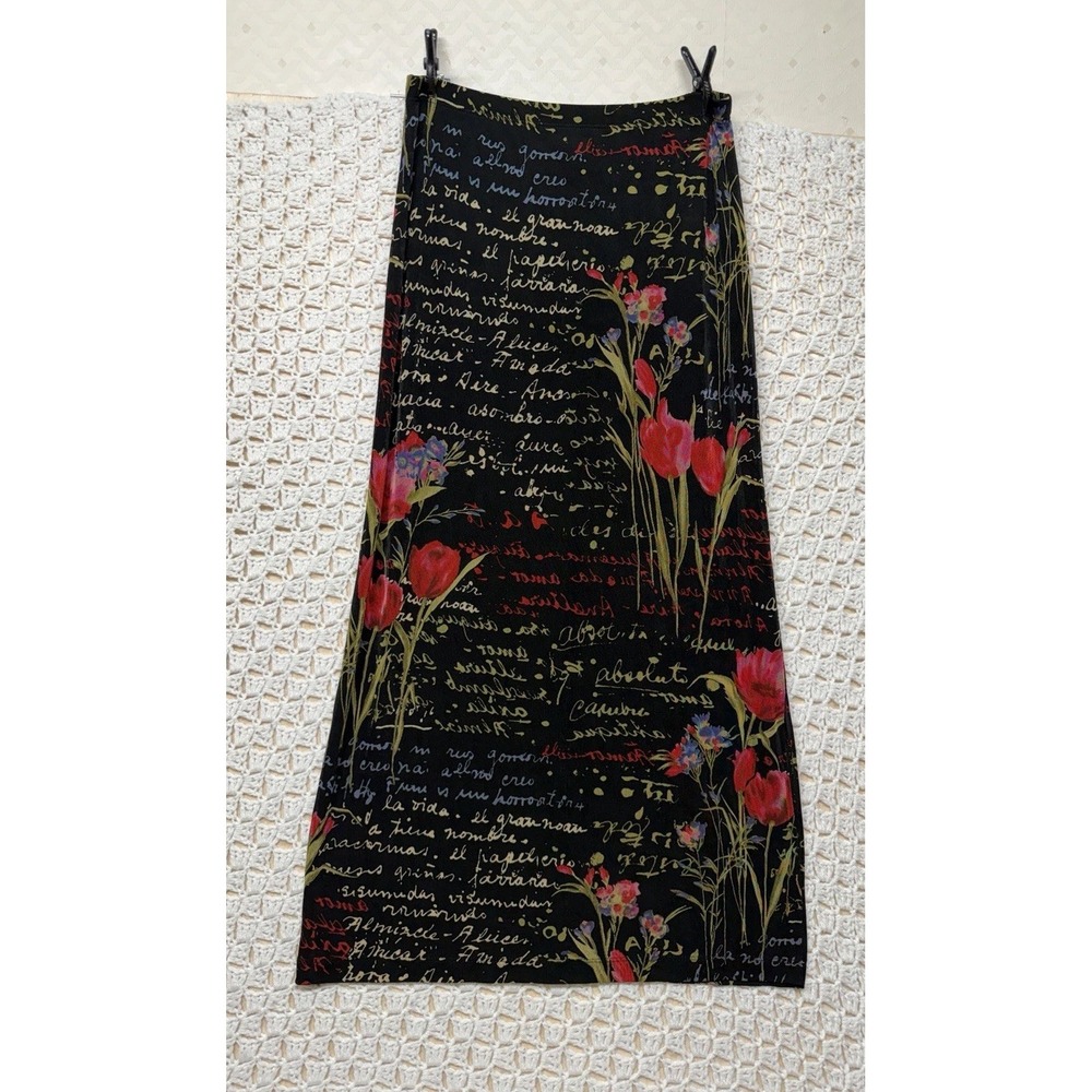 Mirasol Straight Skirt Women Sz M Black Red Flora Stretch USA Made Vtg